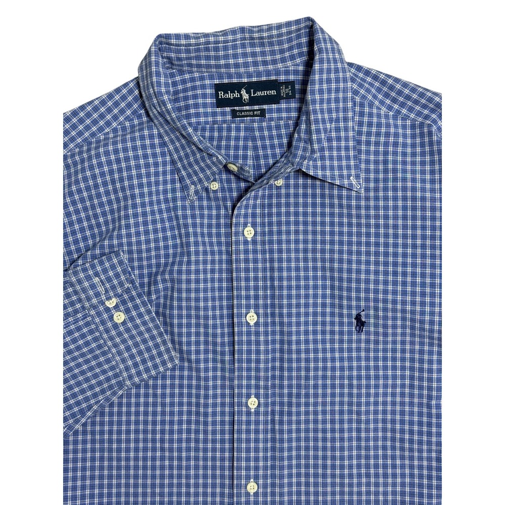 Ralph Lauren Dress Shirt Mens 18 34/35 Blue‎ Plaid Classic Fit Button Down